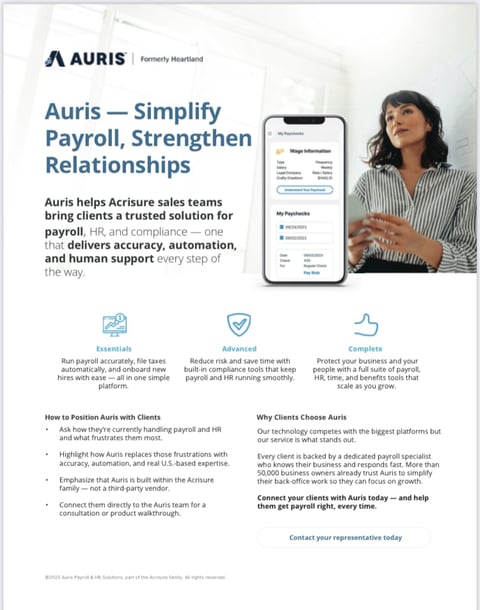 Auris payroll software marketing flyer with woman presenting product benefits on smartphone display