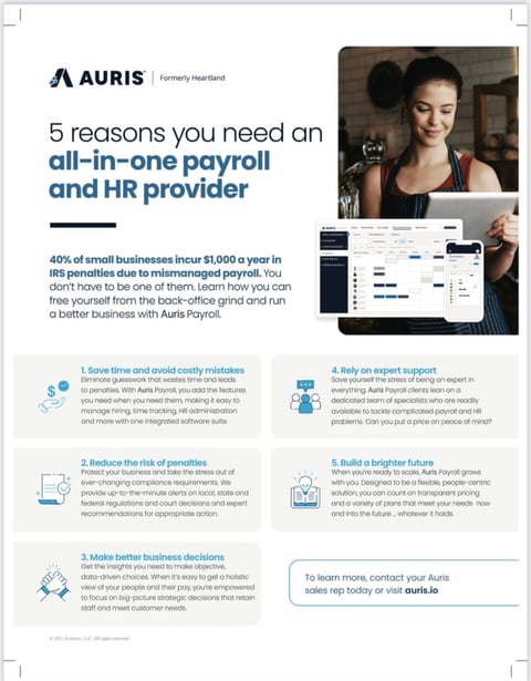 Auris Payroll infographic showing 5 reasons for all-in-one payroll and HR provider with business woman and software interface images