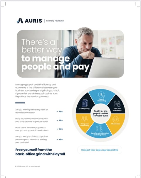 Auris payroll software marketing flyer featuring man at laptop with text about better ways to manage people and pay, including a colorful workflow diagram