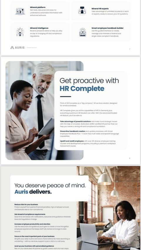 Marketing brochure showing HR Complete software features with images of professionals using the platform for employee management and compliance